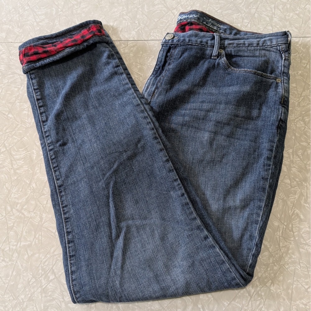Eddie Bauer Womens Flannel Lined Boyfriend Relaxed Jeans Blue Plaid T18 Tall